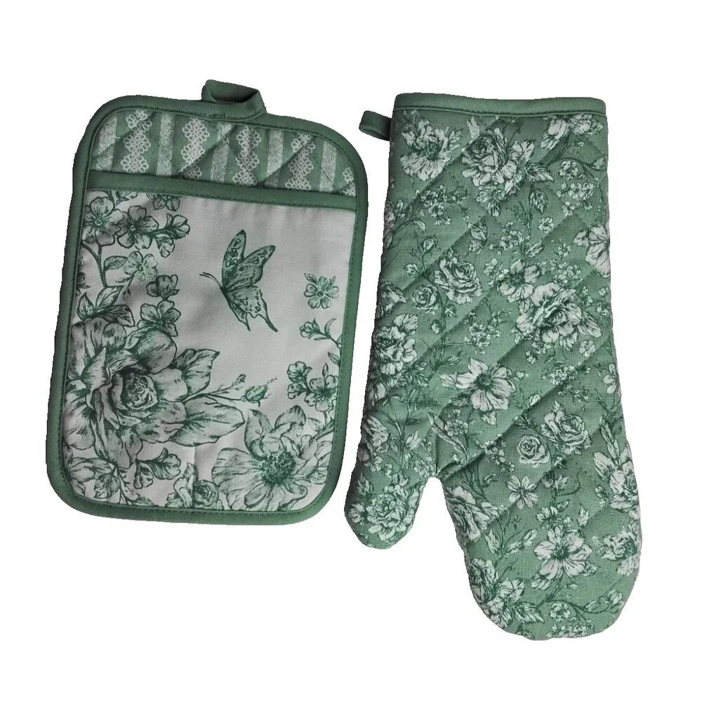 Pioneer Woman Agatha Oven Mitt & Pot Holder 2pc Set Floral Green 7